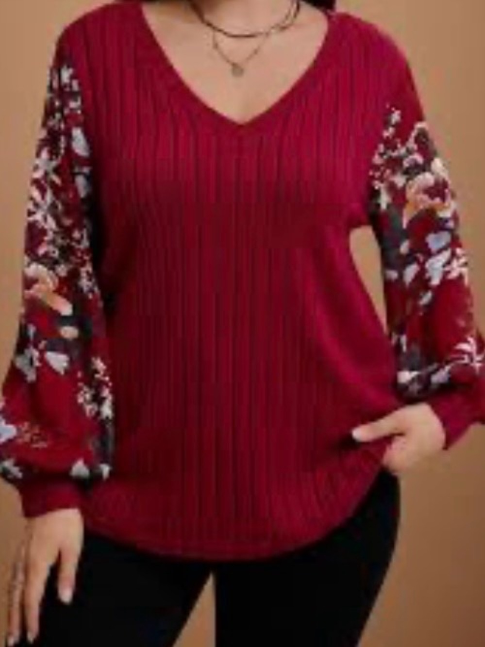 V-Neck Top with Floral Balloon Sleeves